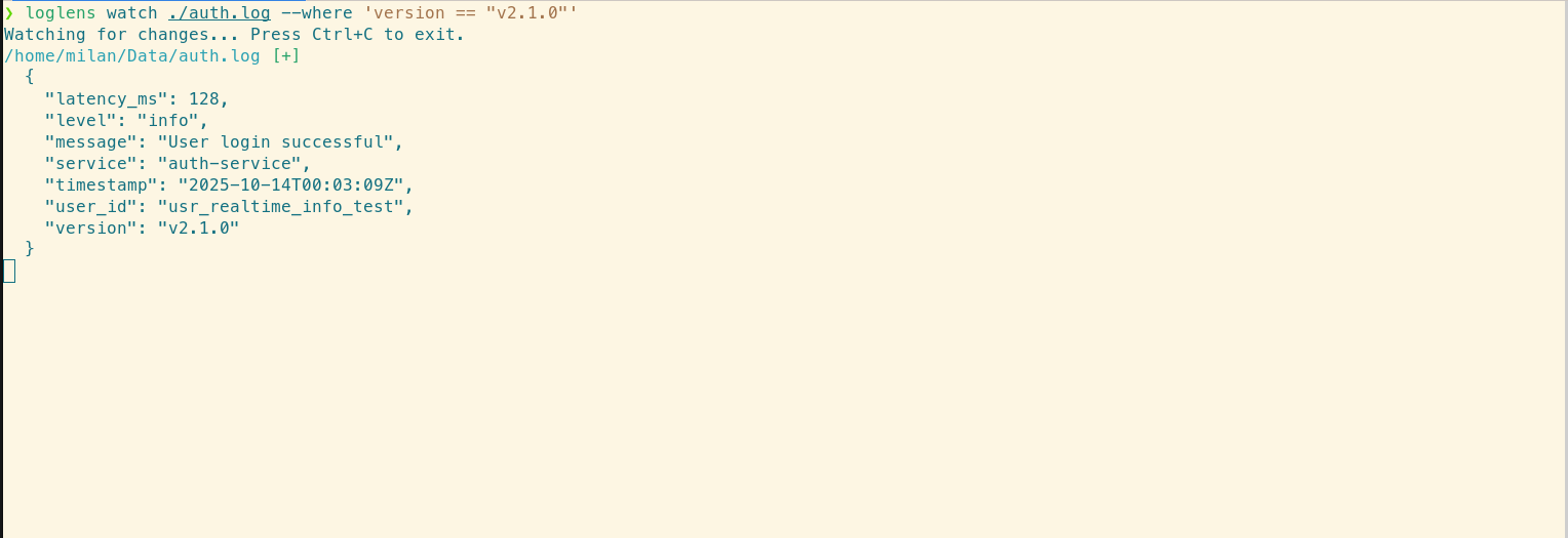 LogLens watch command filtered to show only logs where the version field is 'v2.1.0'.