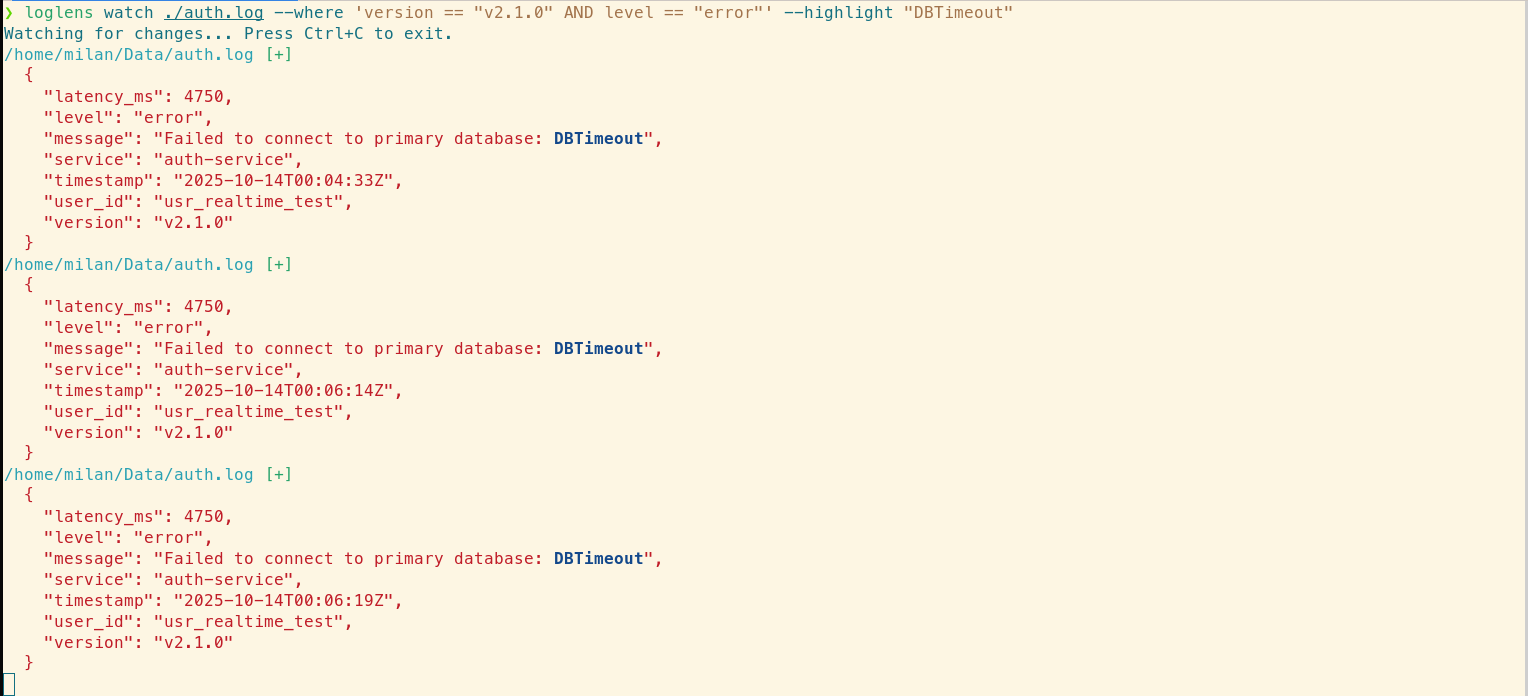 LogLens watch showing only errors from the new version, with the text 'DBTimeout' highlighted in blue.