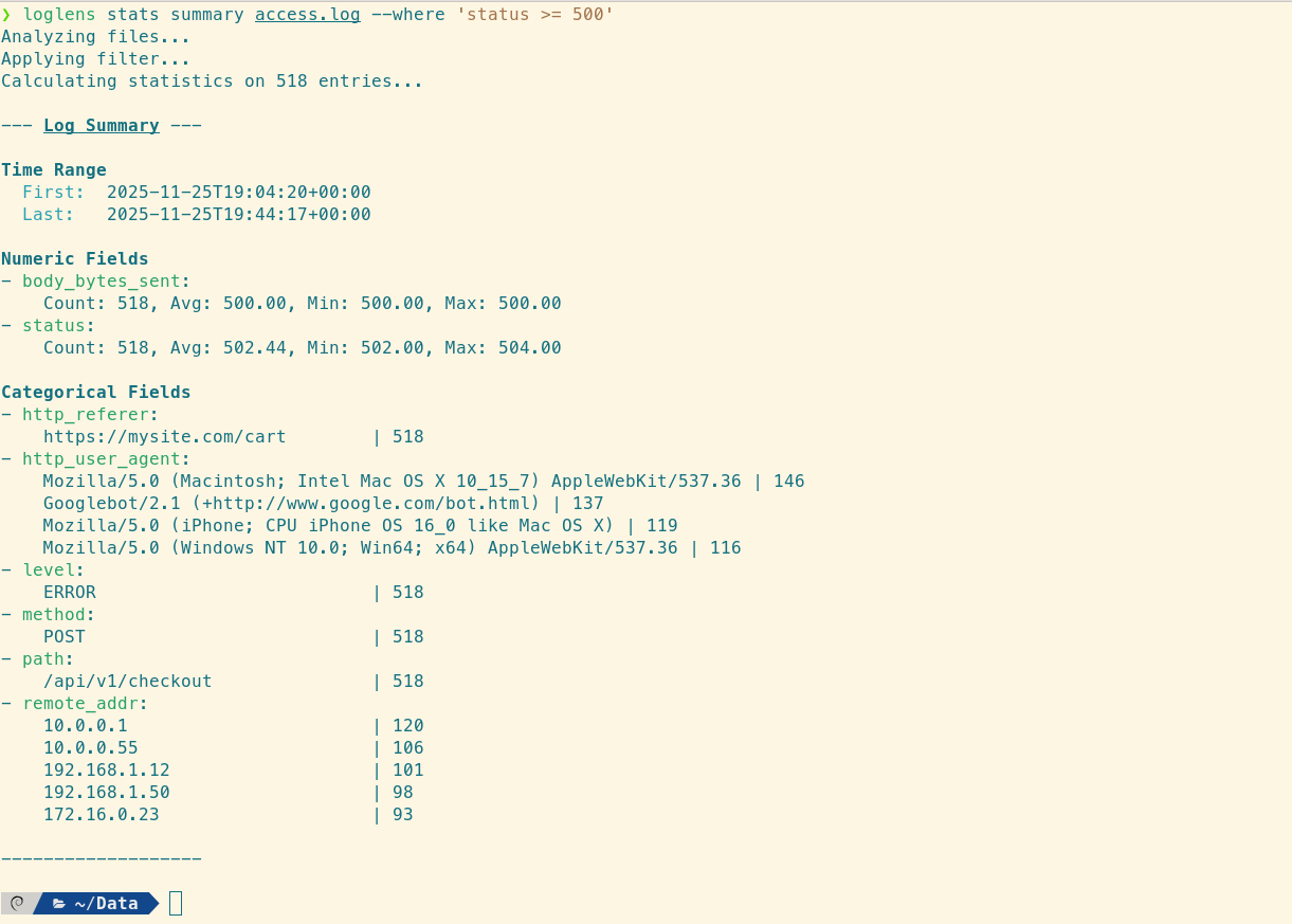 LogLens stats summary output