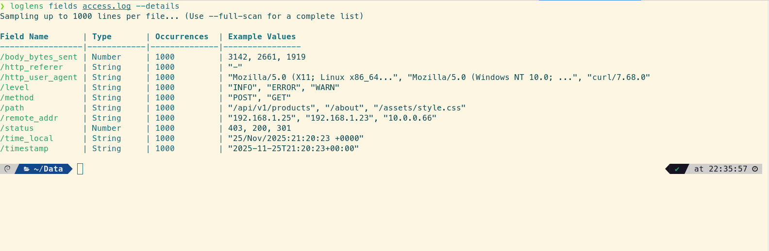 LogLens fields command output showing available log keys