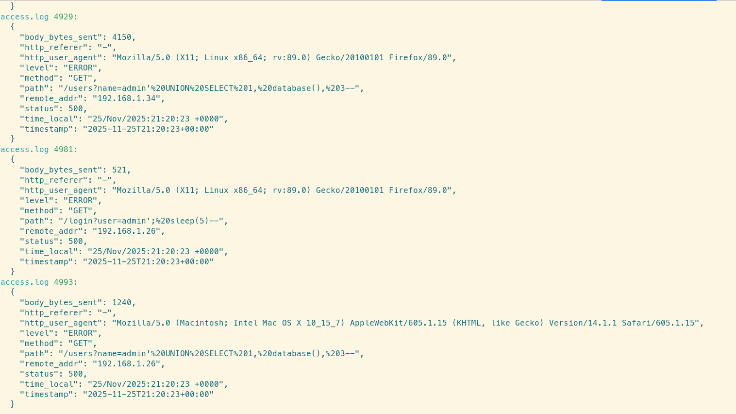 LogLens query output showing SQL injection attempts