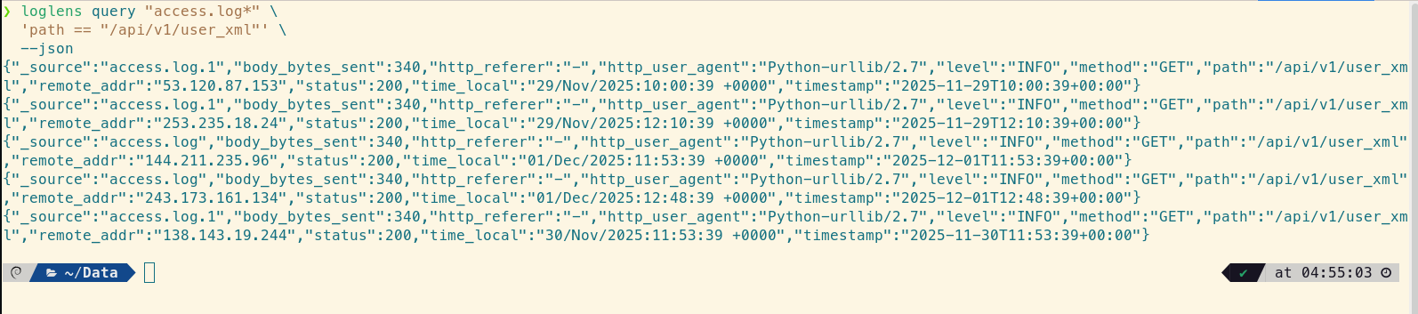 JSON log output revealing the User Agent is an old Python script