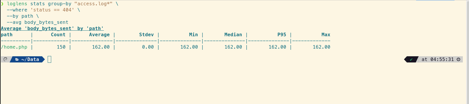 LogLens group-by output showing /home.php as the top 404 error