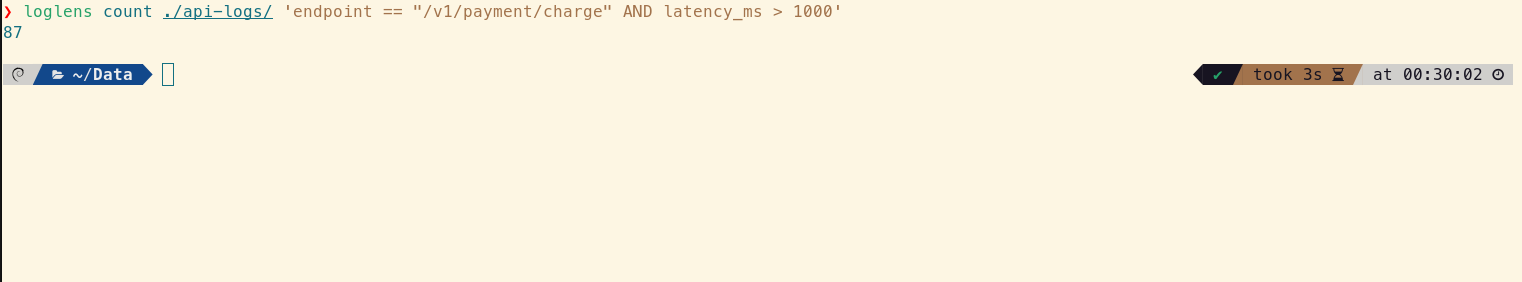 LogLens count command result showing 87 slow requests