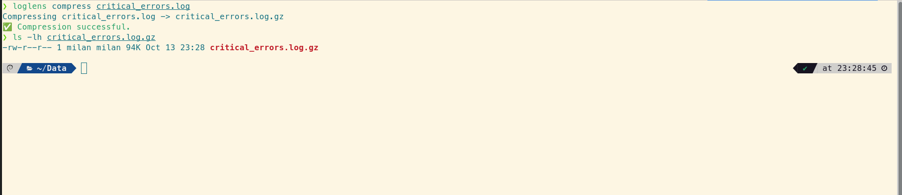The LogLens compress command quickly creating a .gz file from a smaller log snippet for easy sharing.