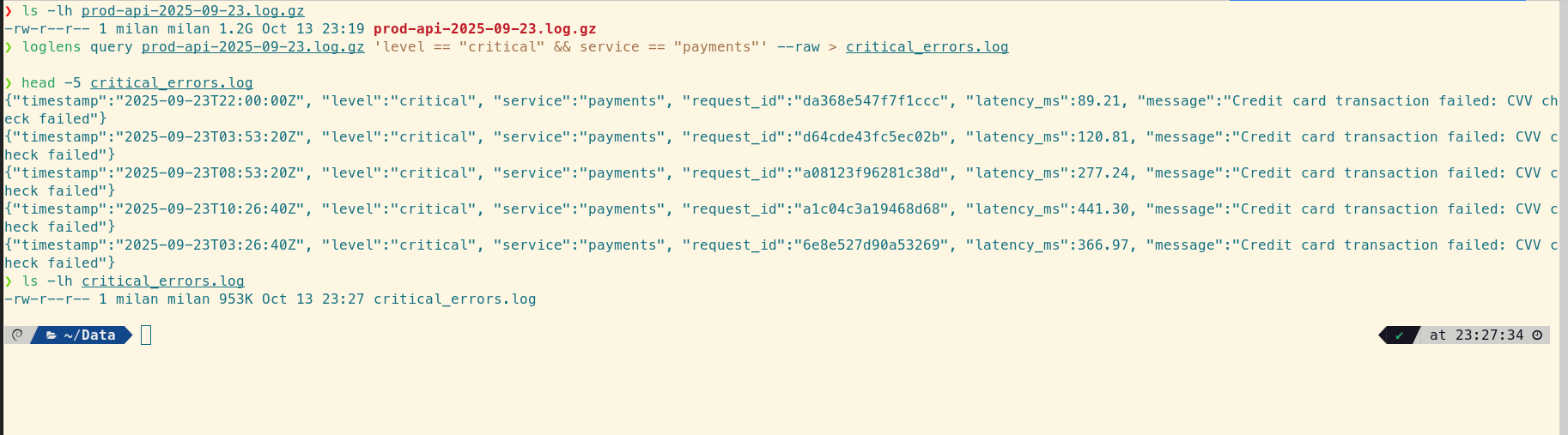 Using the LogLens query command to extract critical errors from a large, compressed log file.