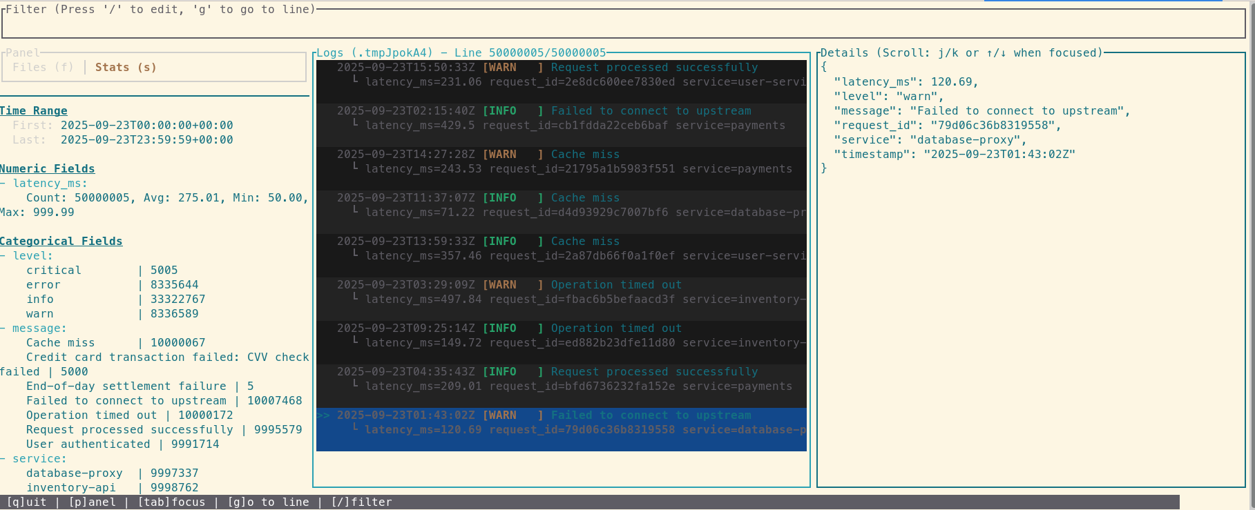 The LogLens TUI instantly displaying a decompressed log file from a .gz archive, ready for interactive filtering.
