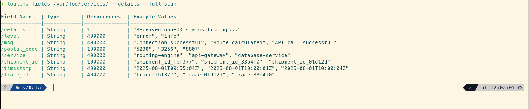 Output of the loglens fields command showing a table of structured log fields like shipment_id and trace_id.