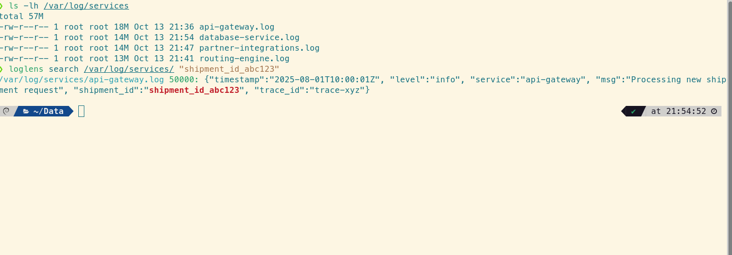 LogLens search command isolating a log line from the api-gateway containing the specific shipment_id.