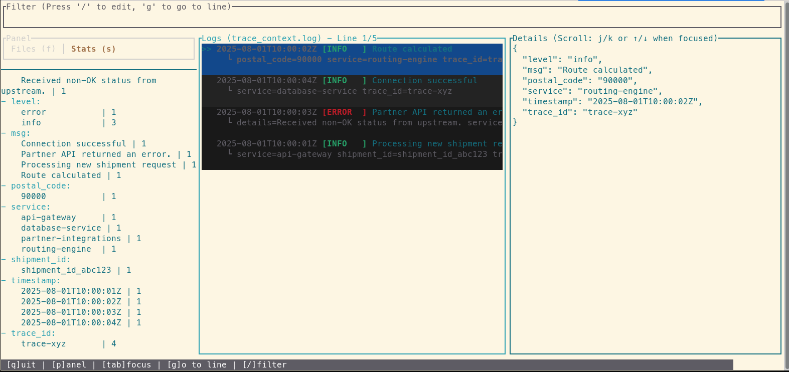 The LogLens TUI displaying a chronological, color-coded list of all logs related to a single trace_id.