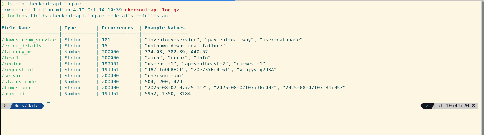 Output from the loglens fields command showing available JSON fields like latency_ms, downstream_service, and status_code.