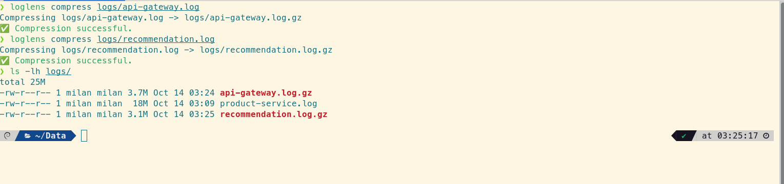 Using the loglens compress command to archive log files.