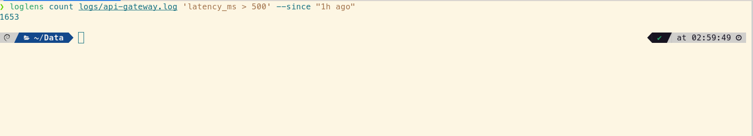 The loglens count command outputting a single number representing the total count of slow requests.