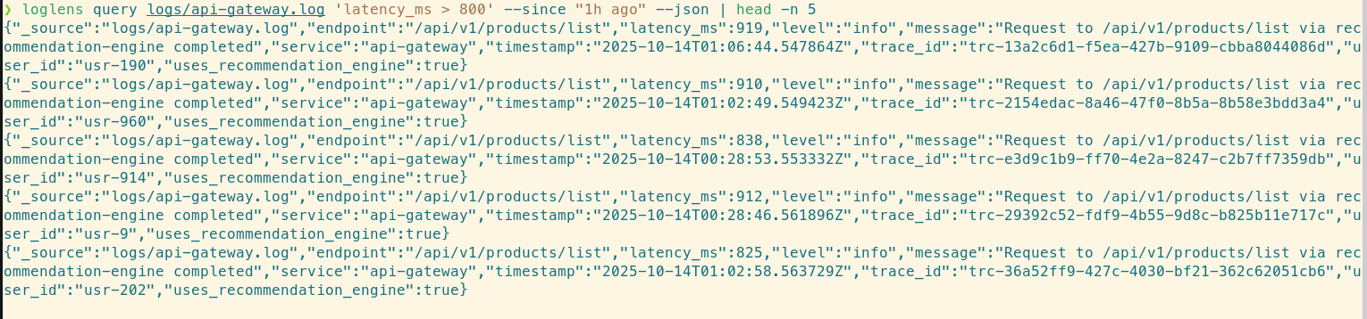 Using loglens query with --json output to find a slow request and its associated trace_id.