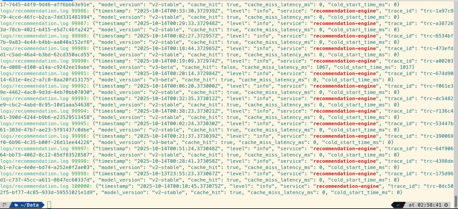 The loglens search command finding all occurrences of 'recommendation-engine' across multiple log files.