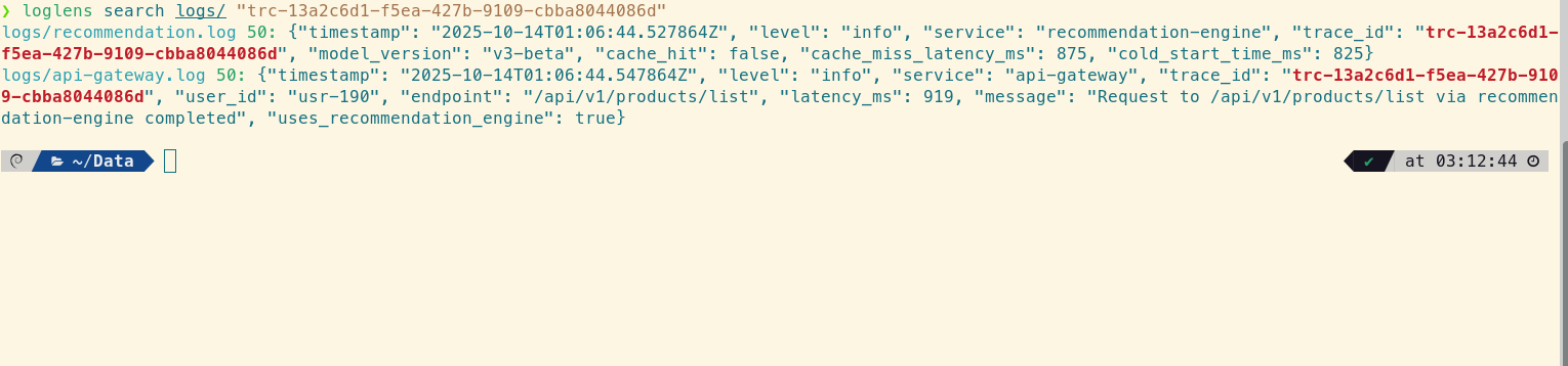 Using the extracted trace_id with loglens search to correlate logs from api-gateway.log and recommendation.log.