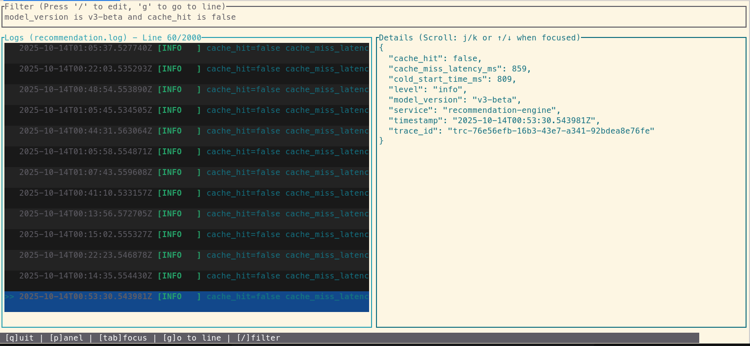 The LogLens TUI showing a filtered list of logs on the left and the full JSON details of a selected slow request on the right.
