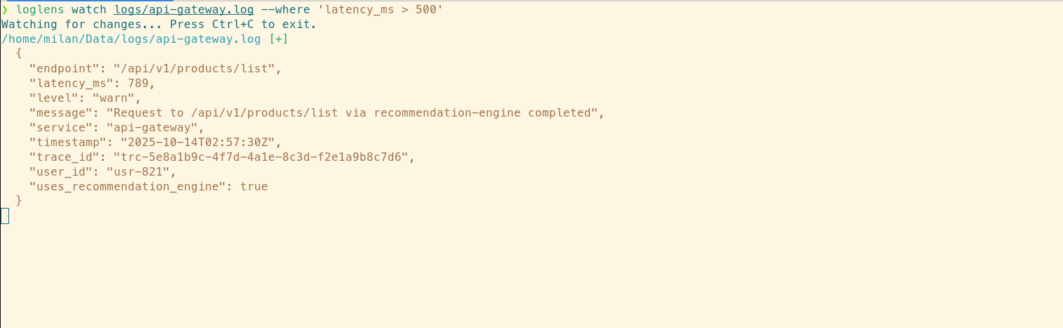 Using loglens watch to see a real-time stream of requests with latency_ms greater than 500.